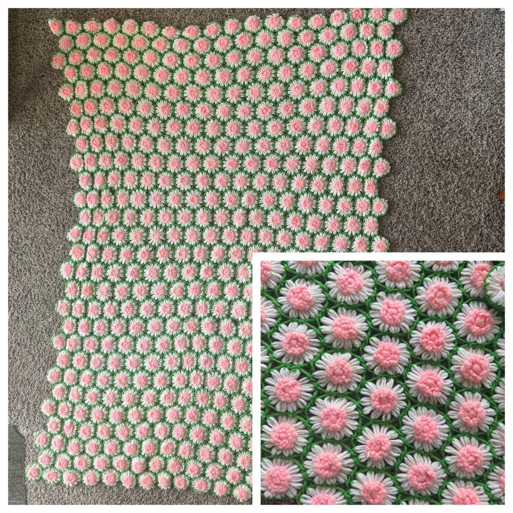Vtg 3D Floral Handmade Crochet Afghan throw Pink & White Flowers 71x55" cottage